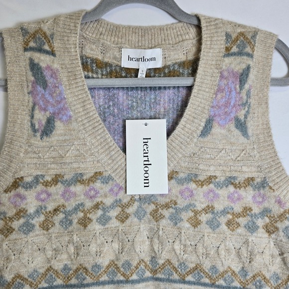 Heartloom Cottagecore Jacquard Floral Sweater Vest, Oat Beige, Small 236S52A NEW - Picture 7 of 11